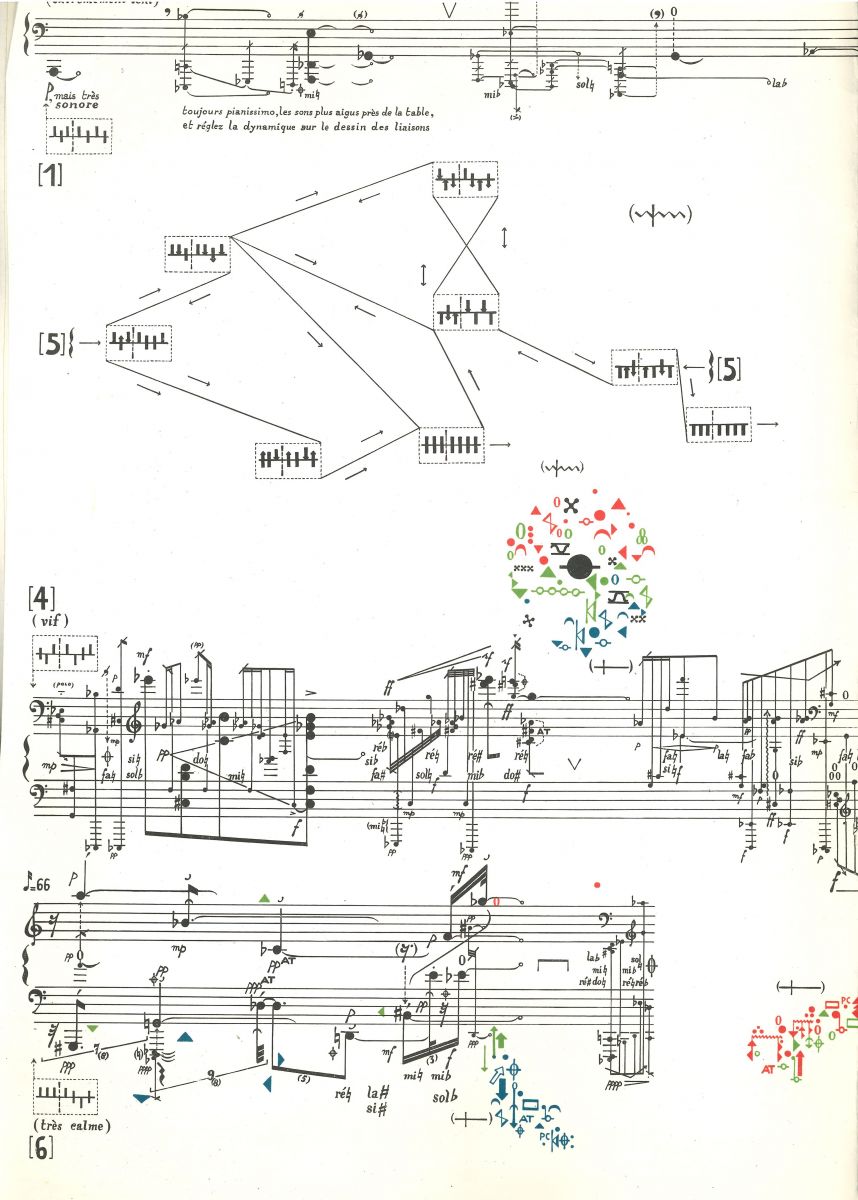 The Italian composer Sylvano Bussotti (° 1931) illustrates the integration of graphic elements in a still largely classical score. Fragmentations pour un joueur de harpes dates back from 1962. B-Bc 54046.