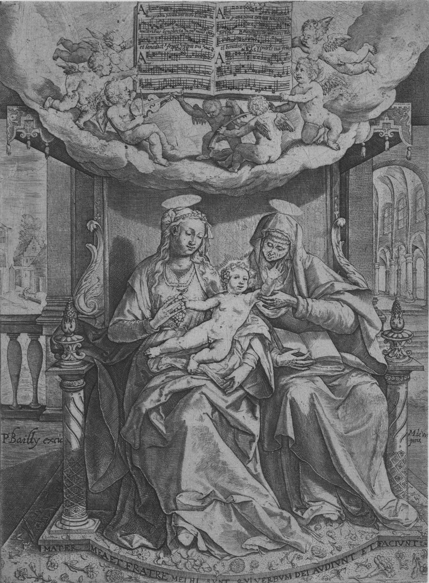 Cornelis Verdonks Ave gratia plena is de compositie op deze gravure met de titel Anna-te-drieën. De eerste versie dateert uit 1584, gegraveerd door Johan Sadeler naar Maarten De Vos, maar dit is een licht gewijzigde herdruk door Bailly uit het begin van de 17e eeuw. Het feit dat er herdrukken op de markt kwamen, wijst op het succes van het genre. B-Bc 91151.