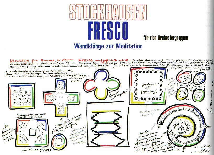 Fresco by Karlheinz Stockhausen (1828-2007) has Wall Sounds for Meditation as a subtitle. The illustrations on the cover are not only decorative, but also informative. They indicate how the four orchestra groups, each indicated by a color, can be arranged in different concert rooms. The specific orchestral arrangement is probably intended as a ‘meditation aid to concentration’. B-Bc 62193.