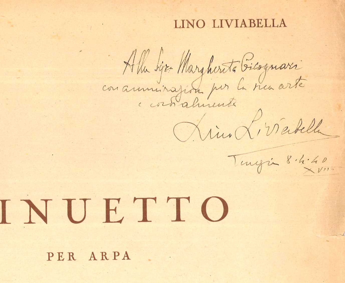 Minuetto for harp by Lino Liviabella, with autograph dedication to Cicognari, 1940. E03089.